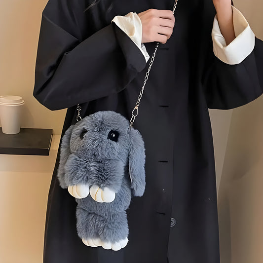 Soft plush bunny sling bag with chain and zipper for girls, rabbit-shaped cute shoulder bag for kids and kawaii lovers, available online in India.