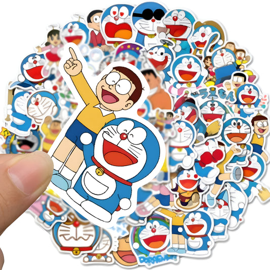 Doraemon anime stickers pack of 50 waterproof reusable kawaii vinyl stickers for laptop, phone, bottles, fridge, and otaku merch online in India.