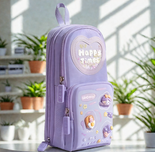 Happy Times baby bear purple pencil pouch with 3D design, compartments, and kawaii glitter for girls – school or office use