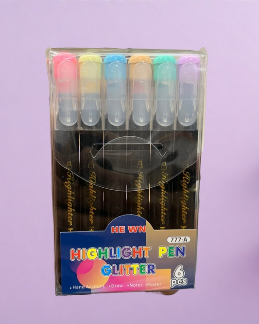 Shiny Glitter Highlighter Pen Set of 6 – Cute Kawaii Stationery for Notes, Books & School