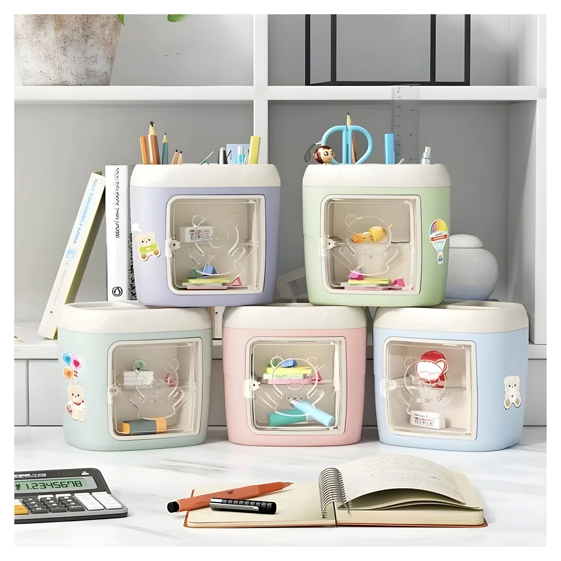 Cute Multi-Grid Desk Pen Holder with Drawer Kawaii Desk Organizer for Home Study Office
