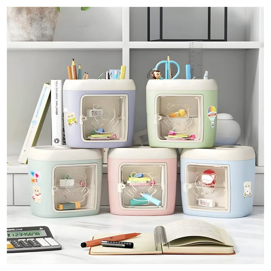 Cute Multi-Grid Desk Pen Holder with Drawer Kawaii Desk Organizer for Home Study Office