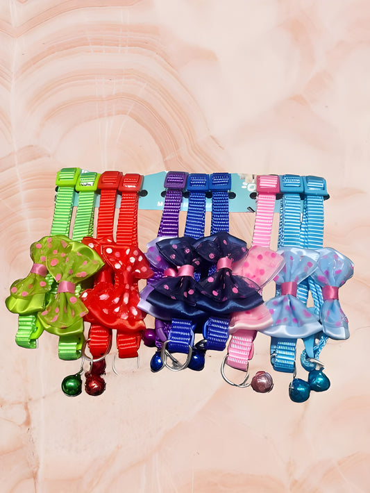 Cute bow pet collar for small pets like cats, puppies, and rabbits, adjustable design with bell and buckle, pet accessory online in India.