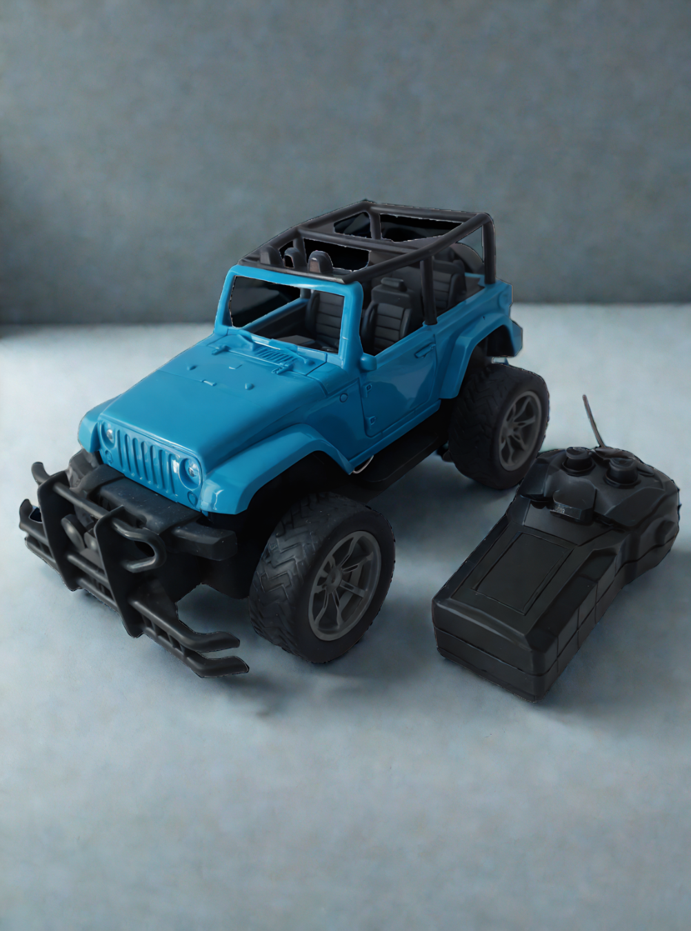 Turbo RC off-road remote control jeep with oversized tires and headlights – toy car for kids with stunt features and rugged design.