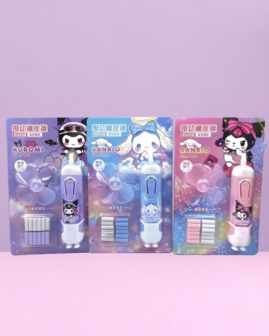 Sanrio Characters Electric Fan Eraser – Kuromi, My Melody & Cinnamoroll 2-in-1 Cute Stationery for Kawaii Fans in India